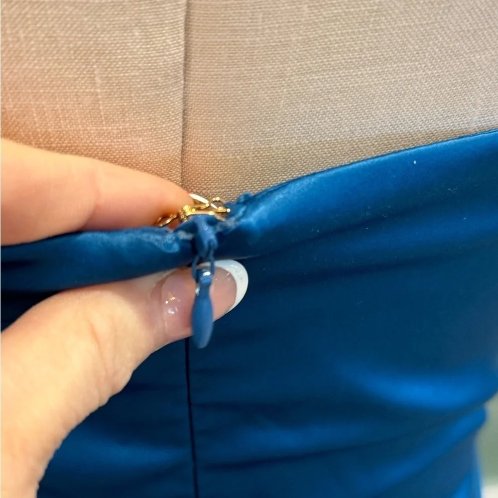 OH POLLY size 10 mini spaghetti strap cerulean blue mini satin dress - Picture 5 of 16